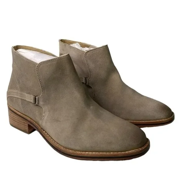Diba True Caspian Suede Distressed Pull-On Bootie Low Stack Heel Square Toe Beig